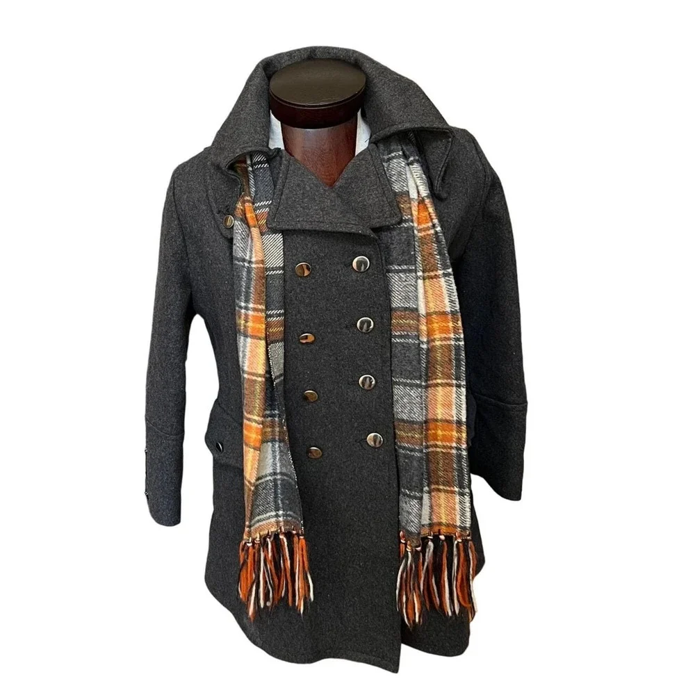 Vintage Womens Gray Double Breasted Plaid‎ Coat Scarf Size M Career Pea Coat